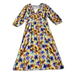YAS Dress Womens Large Yellow Floral Yasmanda 3/4 Sleeve Hawaiian Beach Midi New